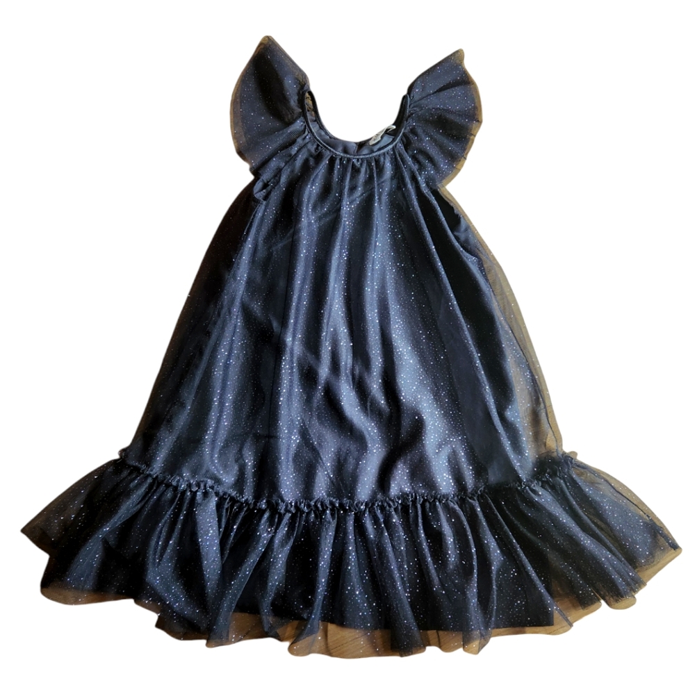 H&M Girl's Sparkle Shimmer Layered Tulle Dress Sz 9-10 Years Flutter Black Spark